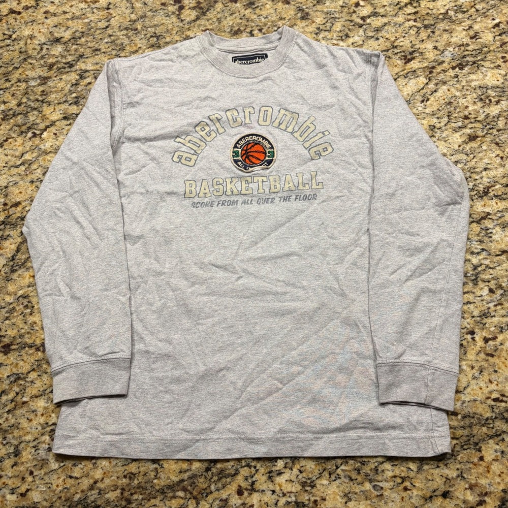 Abercrombie Basketball Long Sleeve Shirt Boy Large Gray Graphic Tee Cotton v